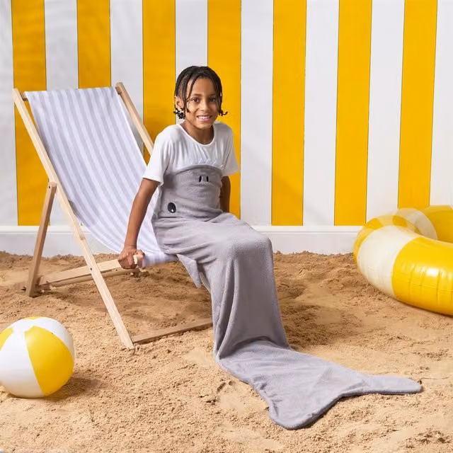 OHS Kids Shark and Mermaid Tail Absorbent Quick Drying Beach Robe in Light Grey