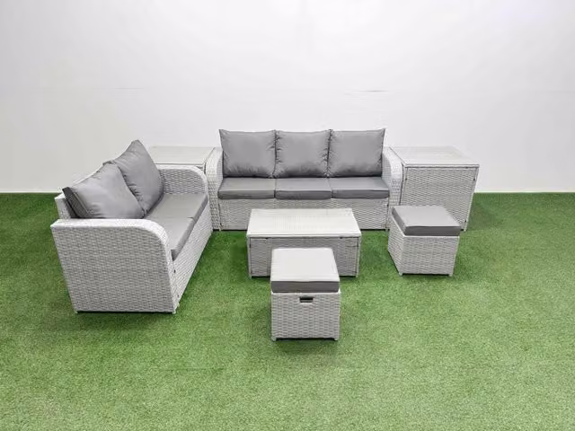 Fimous 7 Seater Grey PE Rattan Wicker Garden Furniture Set with Rectangular Coffee Table, 3 Seater Sofa, Love Seat, 2 Stools and 2 Side Tables