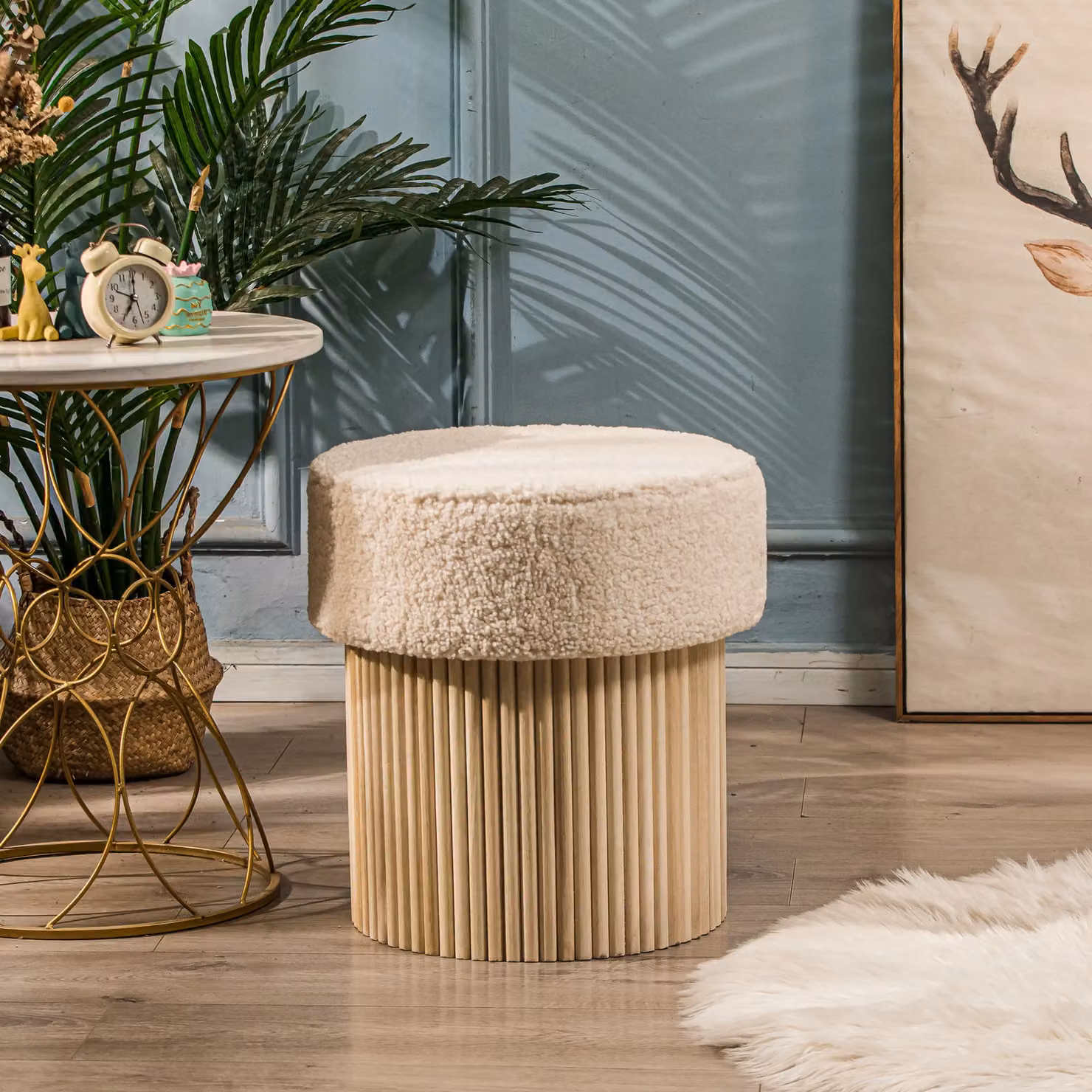 Nordlys White Bouclé Cylindrical Living Room Pouf with Brown Wooden Base – 2
