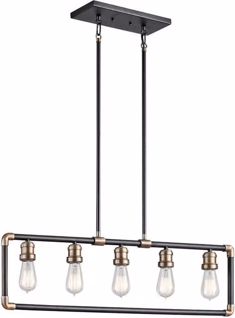 Elstead Imahn 5-Light Industrial Bar Pendant Chandelier in Black and Brass with E27 Fittings