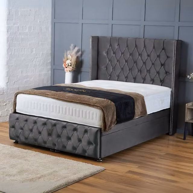 BSSPOKE Mayfair Ottoman Divan Bed in Grey Plush Velvet with 54 inch Headboard, W/D/H: 140 x 200 cm – 1