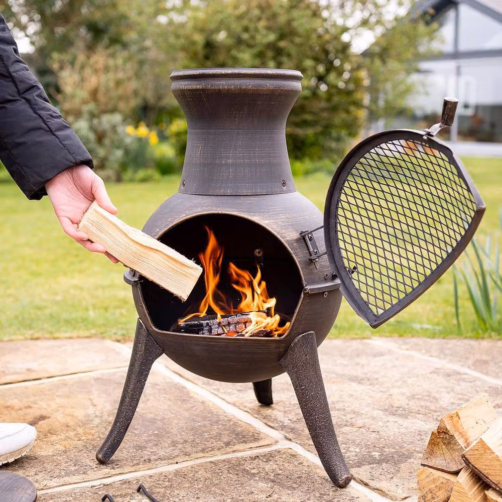 mysmartbuy El Clasico Chiminea Bronze Effect Metal Outdoor Garden Fire Pit Bowl with Mesh Door and Fuel Grate, H 69 cm x Diameter 38 cm – 3