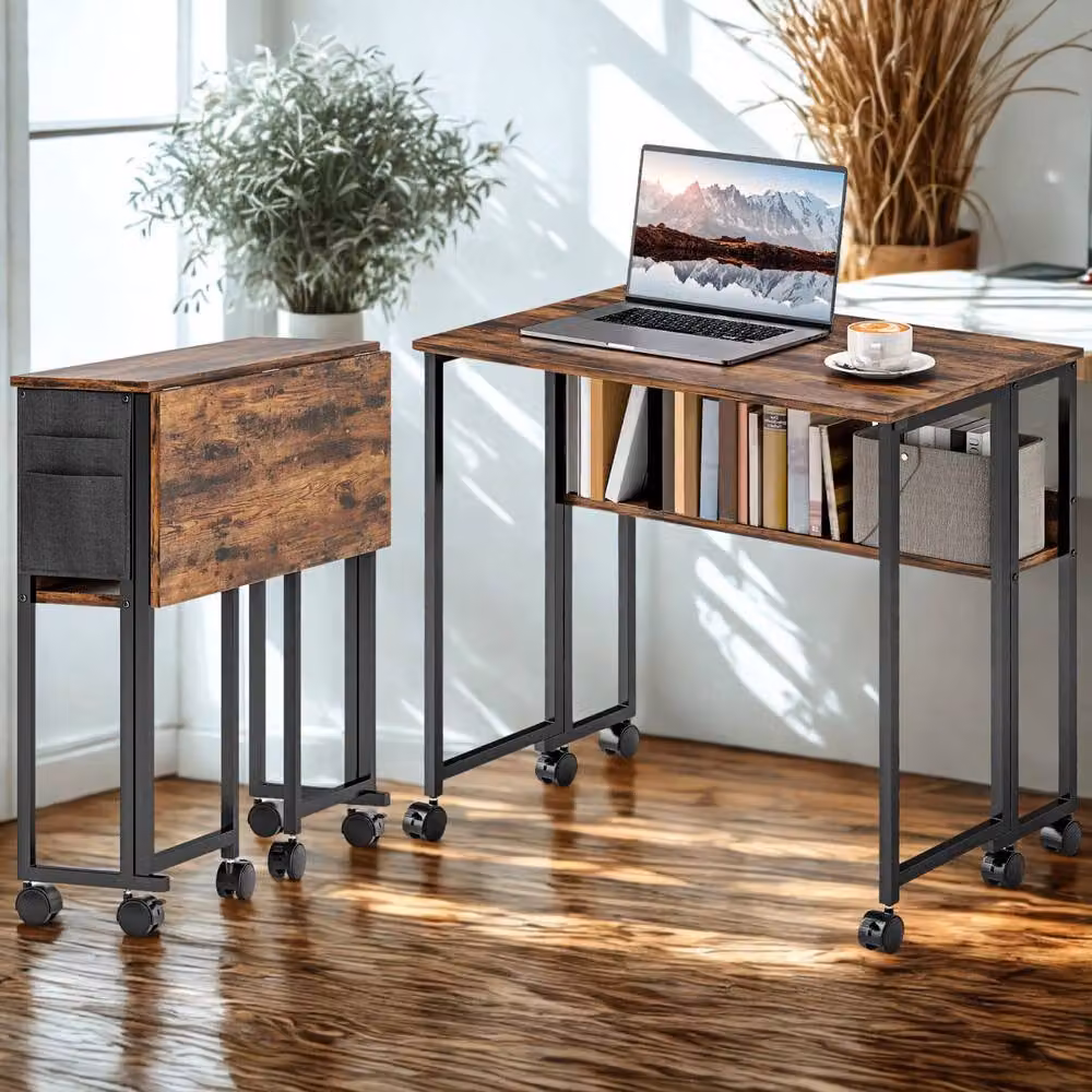 FURNOS Industrial Drop Leaf Extendable Computer Writing Desk with Wheels, Brown – 3