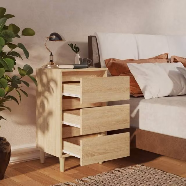 Berkfield Home Sturdy Bed Cabinet in Sonoma Oak and Light Tan with Solid Wood Legs, W/D/H: 40 x 35 x 69 cm