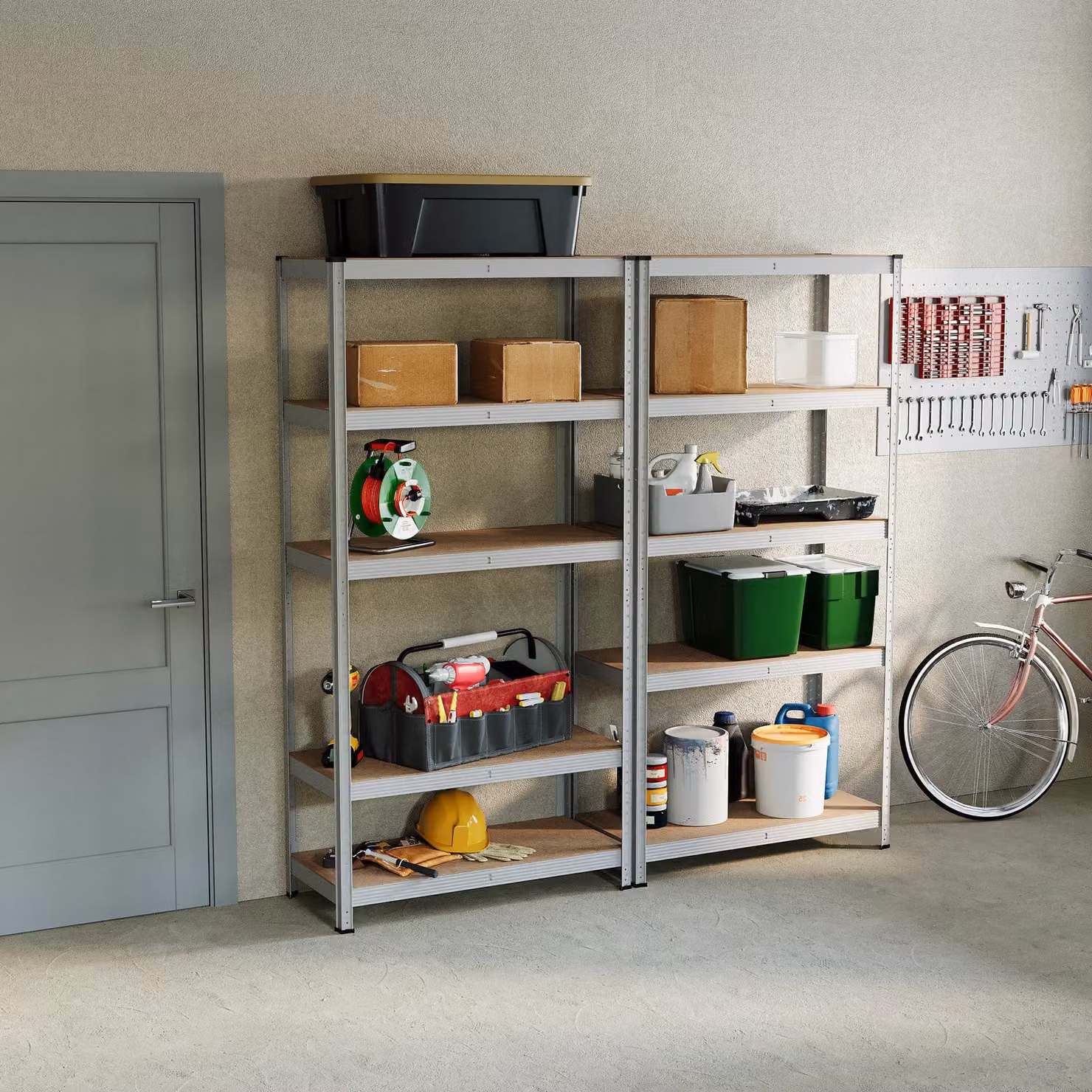 Home Discount Home Vida Set of 2 Heavy Duty 5 Tier Garage Shelves and Work Benches in Metallic Silver – 1