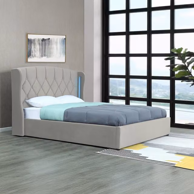 TJS Mayfair Double Ottoman LED Bedframe in Light Grey Silver Fabric with Under-Bed Lighting and Lift-Up Base, 140 x 200 cm