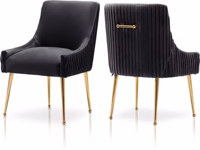 SEYNAR Set of 2 Modern Upholstered Velvet Dining Chairs with Gold Metal Legs in Black