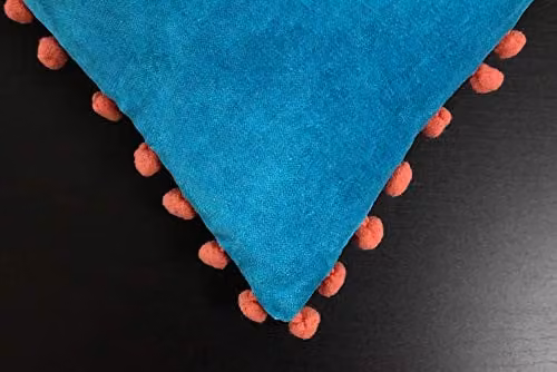 Riva Home Blue Faux Velvet Cushion with Coral Orange Pompom Edges and Polyester Filling, W/D/H: 45 x 45 x 45 cm – 4