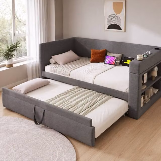 STILVORA Modern Upholstered Daybed in Grey with USB Charging Port and Side Compartments, W/D/H: 190 x 90 x 105 cm – 1