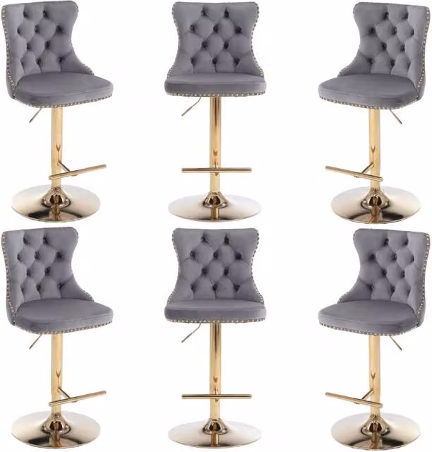 Modern Home Touch Set of 6 Luxury Velvet Adjustable Swivel Bar Stools with Gold Metal Base in Grey – 1