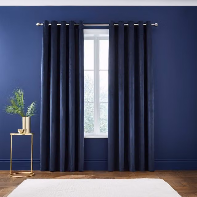 Catherine Lansfield Kingsley Navy Blue Matt Velvet Thermal Eyelet Curtains W: 167.64 cm, H: 228.6 cm