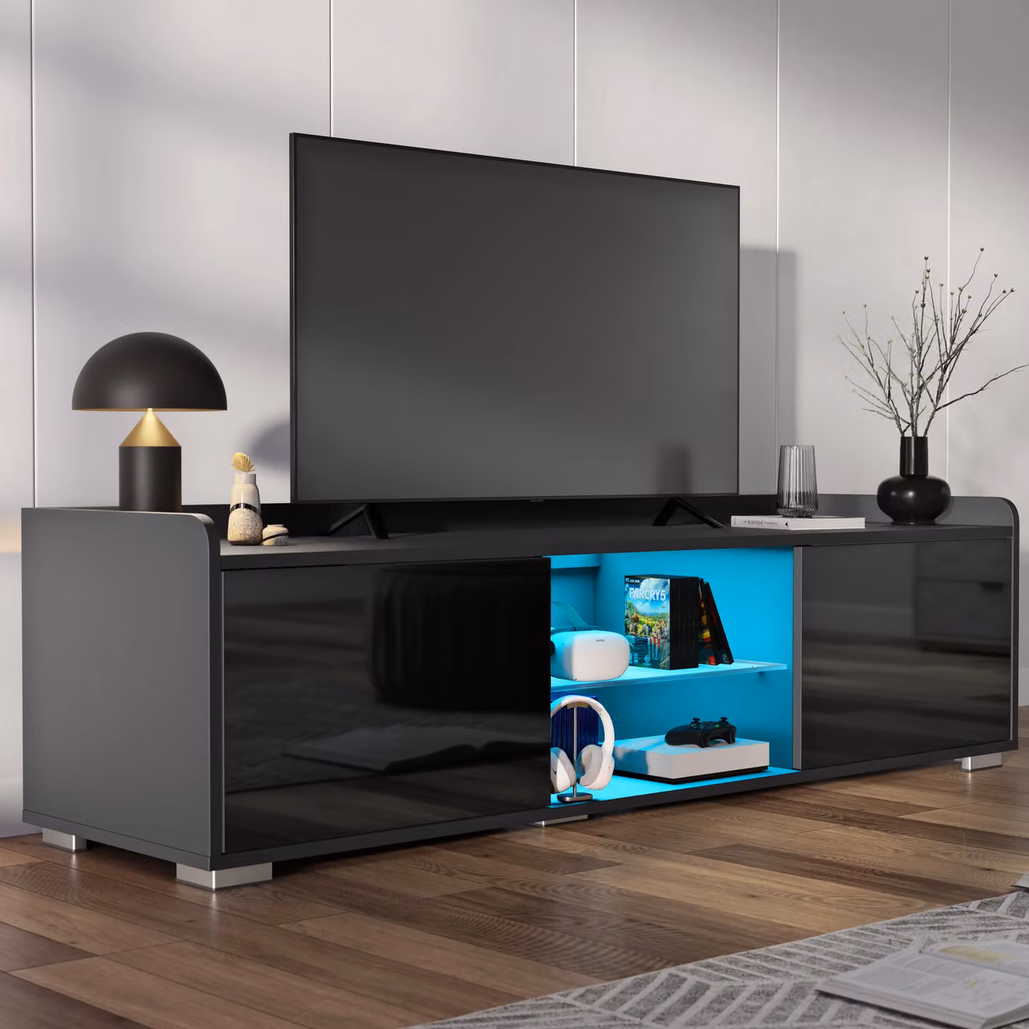 DHS High Gloss LED TV Unit with Storage in Black, Width: 140 cm