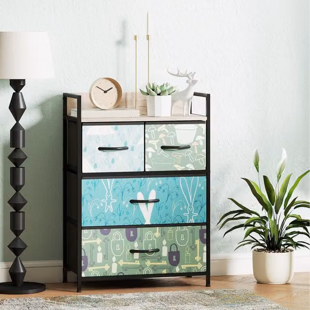 HOMCOM Blue and Multicolour Abstract Fabric Chest of Drawers for your Bedroom or Living Room