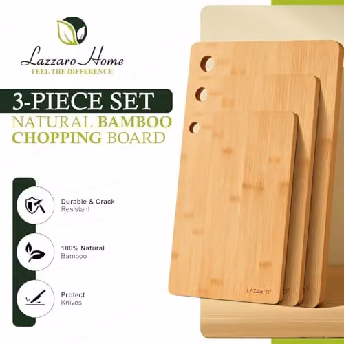 Lazzaro Bamboo Chopping Board Set of 3 in Brown, Extra Thick Rectangular Wooden Cutting Boards with Juice Grooves and Handles – 3