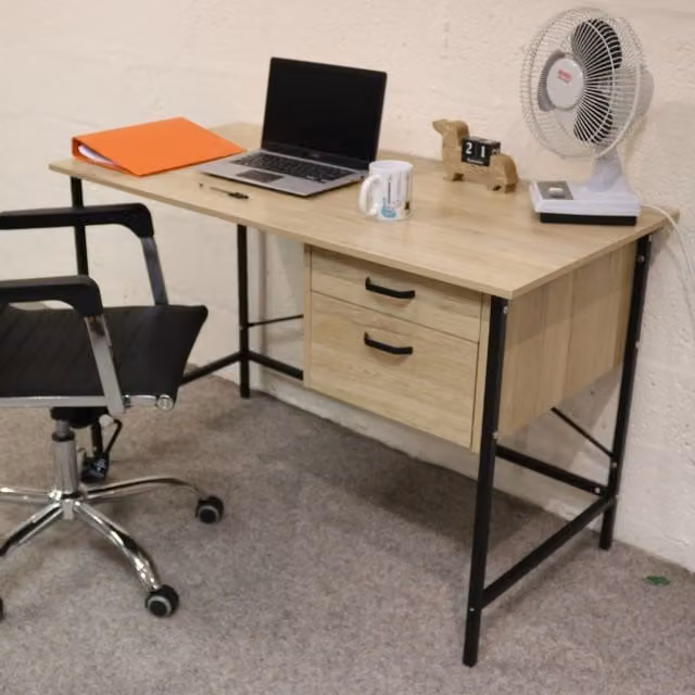 Core Loft Industrial Writing Desk with 2 Drawers, Oak Effect and Grey Metal Legs, W/D/H: 120 x 60 x 76 cm