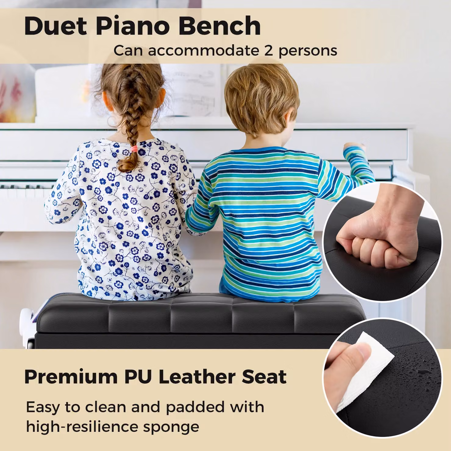 Gymax Duet Piano Bench with Storage, Adjustable Padded Stool in Black – 5
