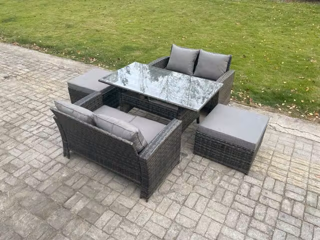 Fimous 6 Seater PE Wicker Rattan Garden Furniture Set with Rectangular Dining Table and 2 Footstools in Dark Grey Mixed