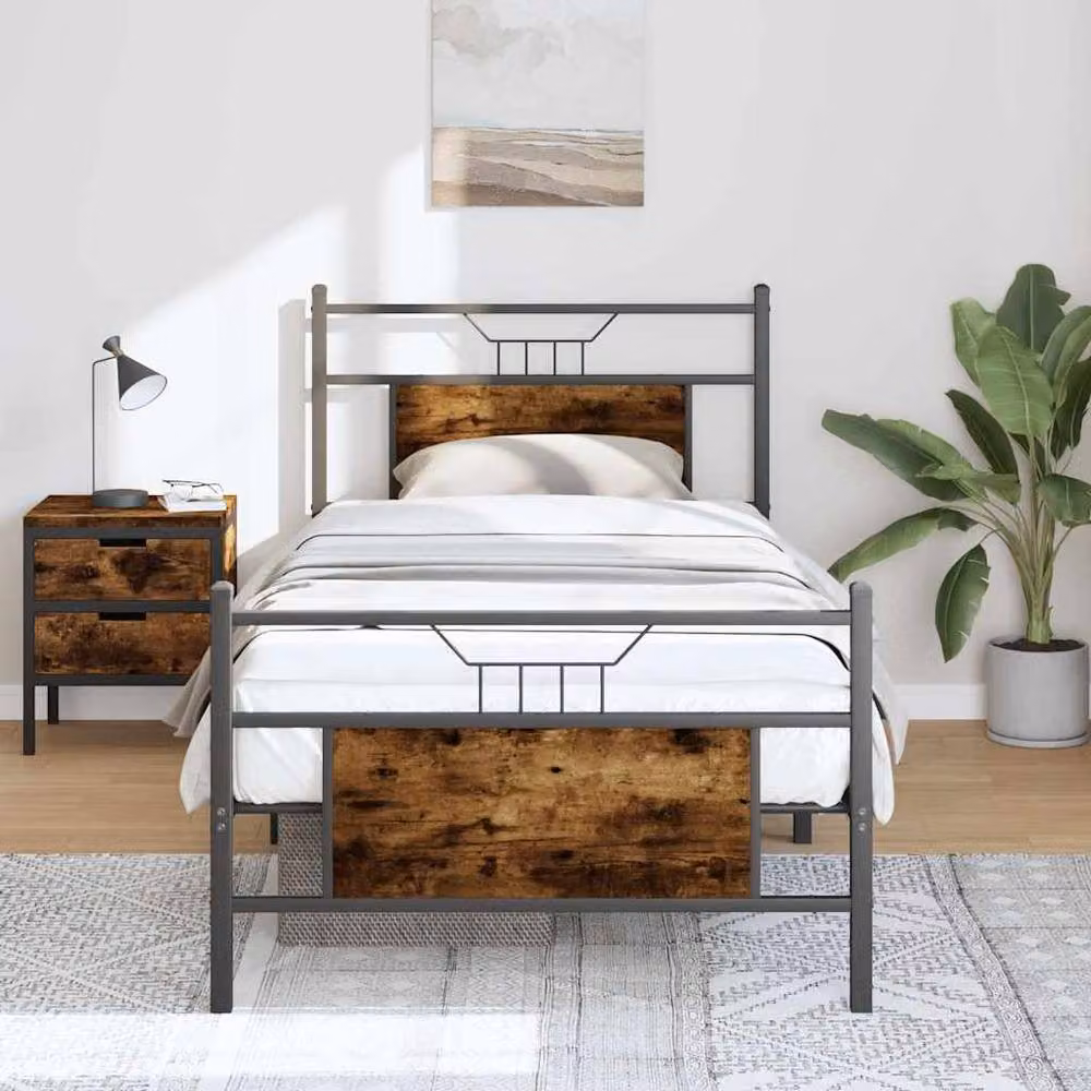 Berkfield Home Small Single Wood and Metal Bed Frame in Smoked Oak Brown, W/D/H: 75 x 190 x 91.5 cm – 2