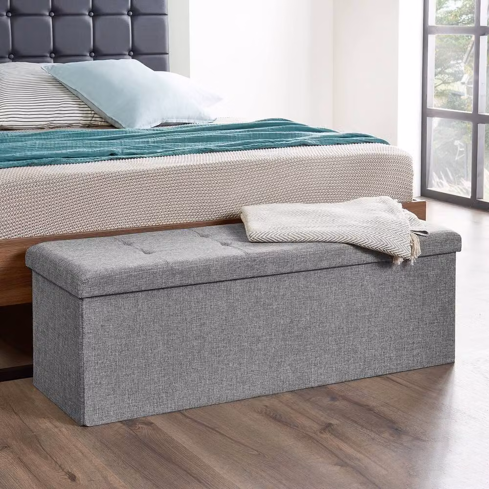 Dprodo Linen Folding Storage Ottoman and Foot Rest Stool in Mid Grey, W/D/H: 110 x 38 x 38 cm – 2