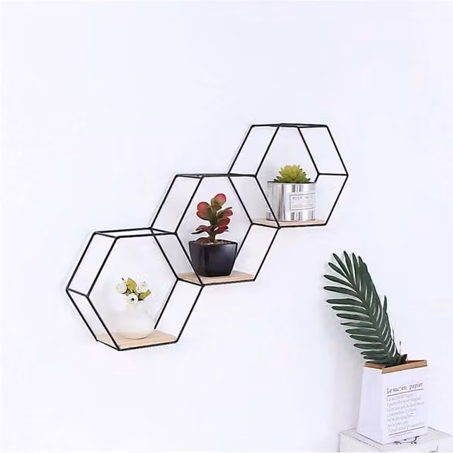 KORVIXA C-Three Hexagons Metal Floating Wall Shelves in Black, W: 50 cm, D: 40.5 cm, H: 3 cm