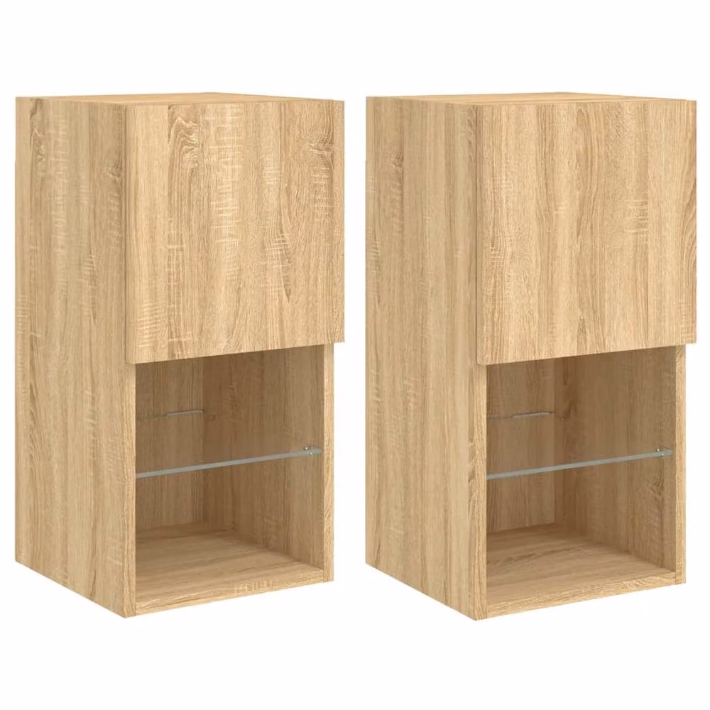 Berkfield Home Set of 2 TV Cabinets with LED Lights in Light Oak, W/D/H: 30.5 x 30 x 60 cm – 2