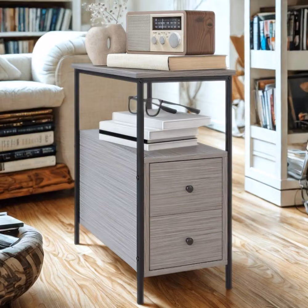 Pirlo Plush Industrial Bedside Table with 2 Drawers and Shelf, Grey and Black, W: 60 cm, D: 30 cm, H: 61 cm – 2