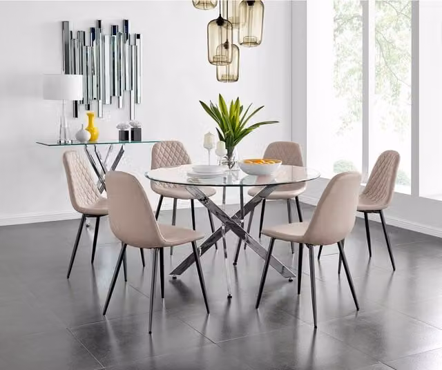 FurnitureboxUK Novara Round Glass Dining Table and Six Corona Chairs in Cappuccino with Black Legs, Diameter: 120 cm