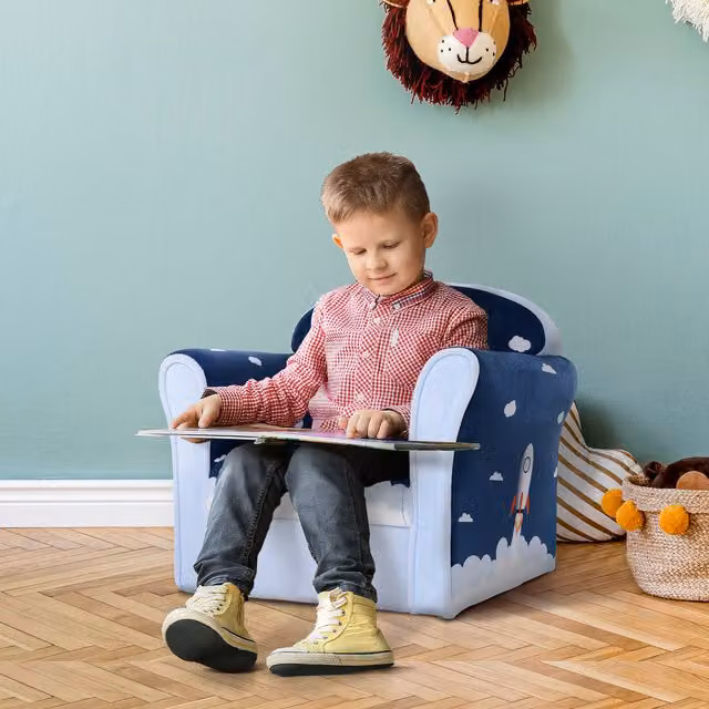 HOMCOM Blue Kids Mini Sofa with Abstract Pattern and Upholstered Wood Frame
