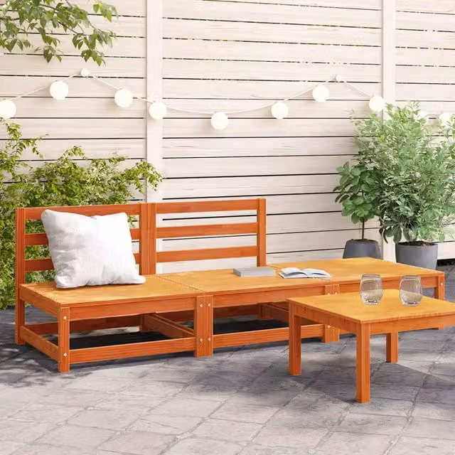 Berkfield Home Armless Garden Sofa and Matching Ottoman in Waxed Brown Solid Pine Wood