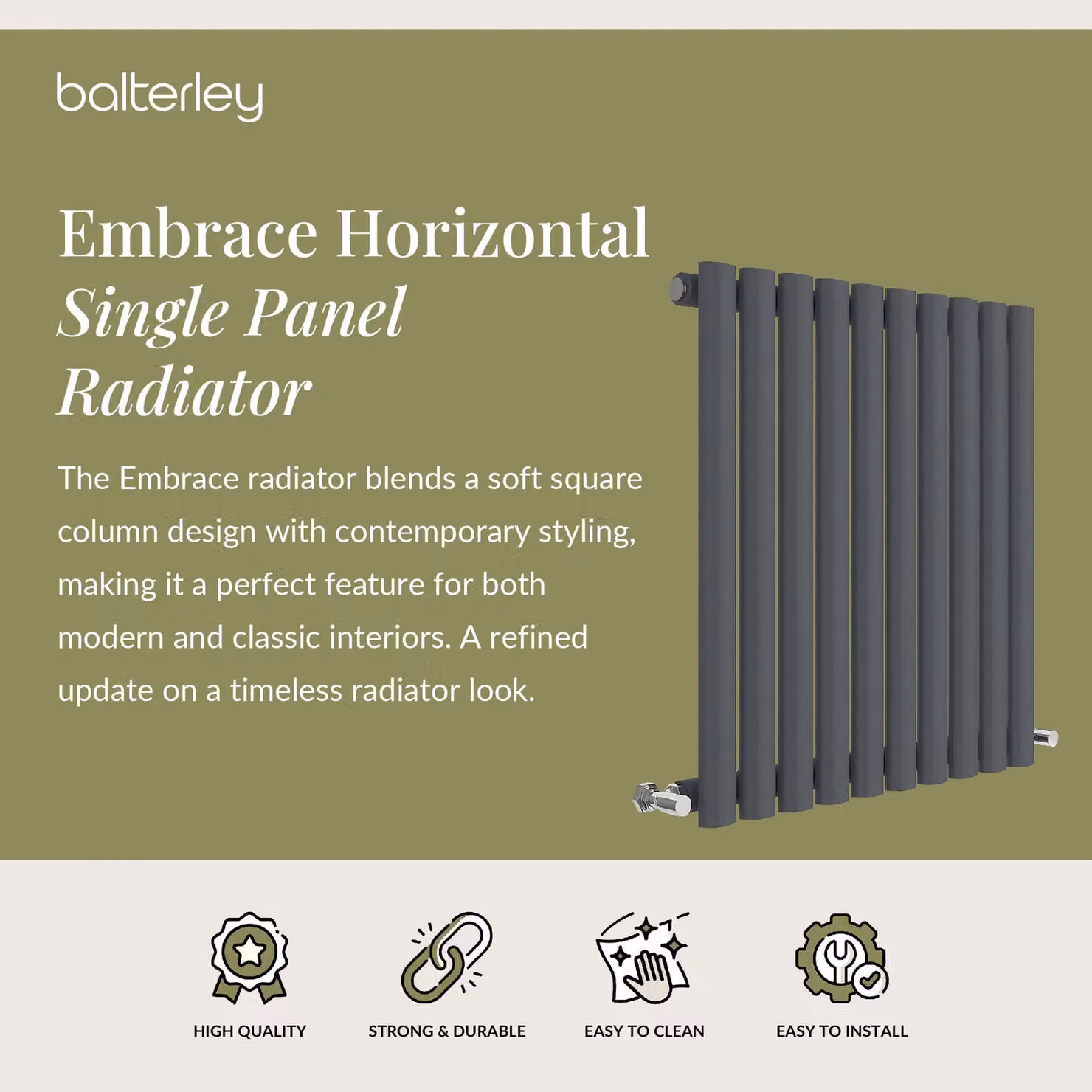 Balterley Embrace Horizontal Single Panel Radiator, Anthracite Grey, W: 60.0 cm, H: 58.6 cm – 2