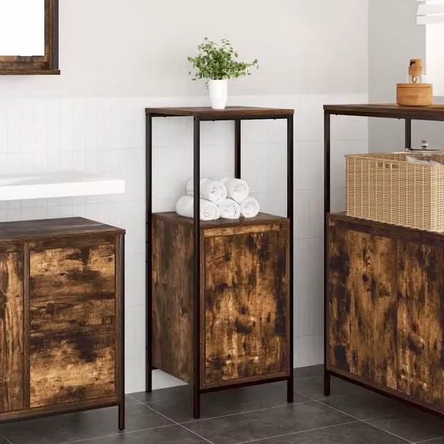 Berkfield Home Smoked Oak Bathroom Cabinet in Brown with Internal Shelves and Open Shelf, W/D/H: 36 x 35 x 95 cm