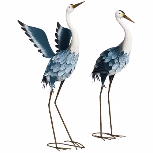 Outsunny Set of 2 Metal Heron Garden Statues in Blue and White