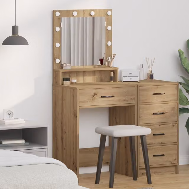 Berkfield Home Dressing Table with Hollywood LED Lights in Artisan Oak Brown, W: 79 cm, D: 41 cm, H: 135 cm