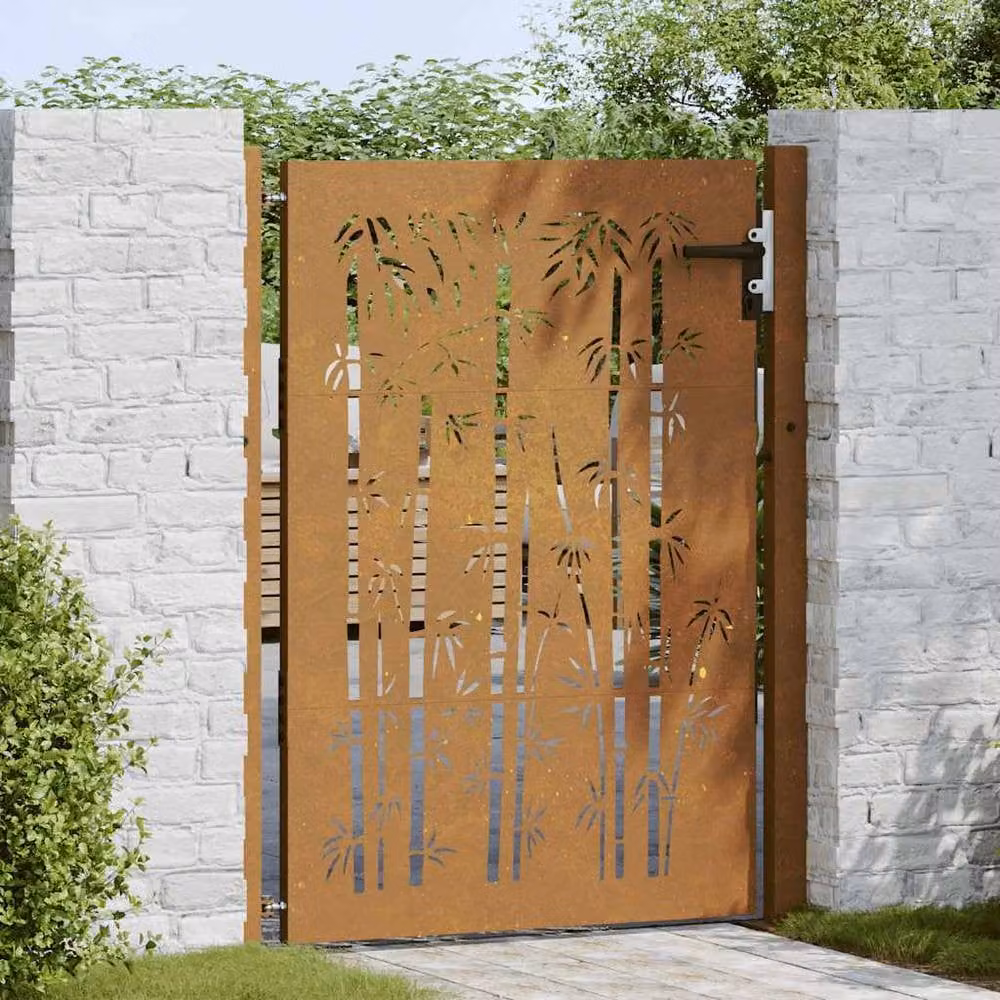 Berkfield Home Garden Gate in Brown Corten Steel with Bamboo Design, W: 105 cm, H: 130 cm – 3