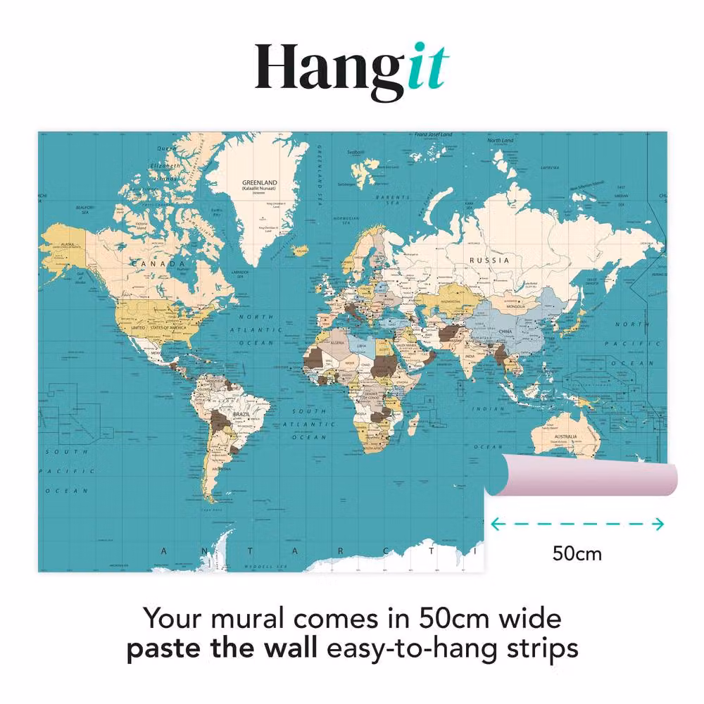 Superfresco Easy World Map Blue Mural Wall Print W: 3 m, H: 2.8 m – 2