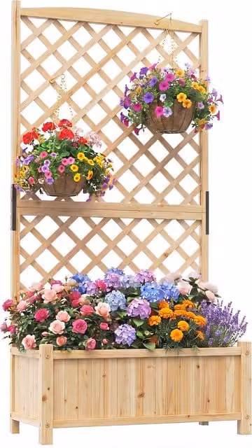 COSTWAY Brown Wooden Raised Bed Planter with Lattice Trellis for Ornamental or Herb Gardens, Height: 180 cm
