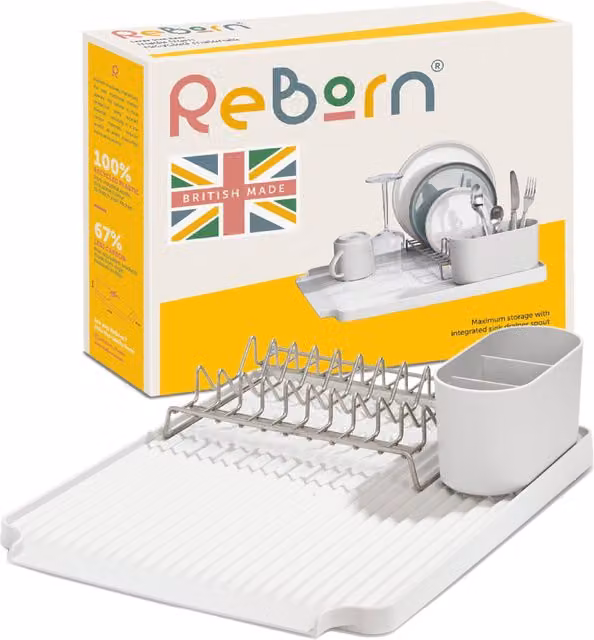 ReBorn Kitchen Large Draining Rack with Drip Tray and Cutlery Holder in Stone Grey, Beige or White