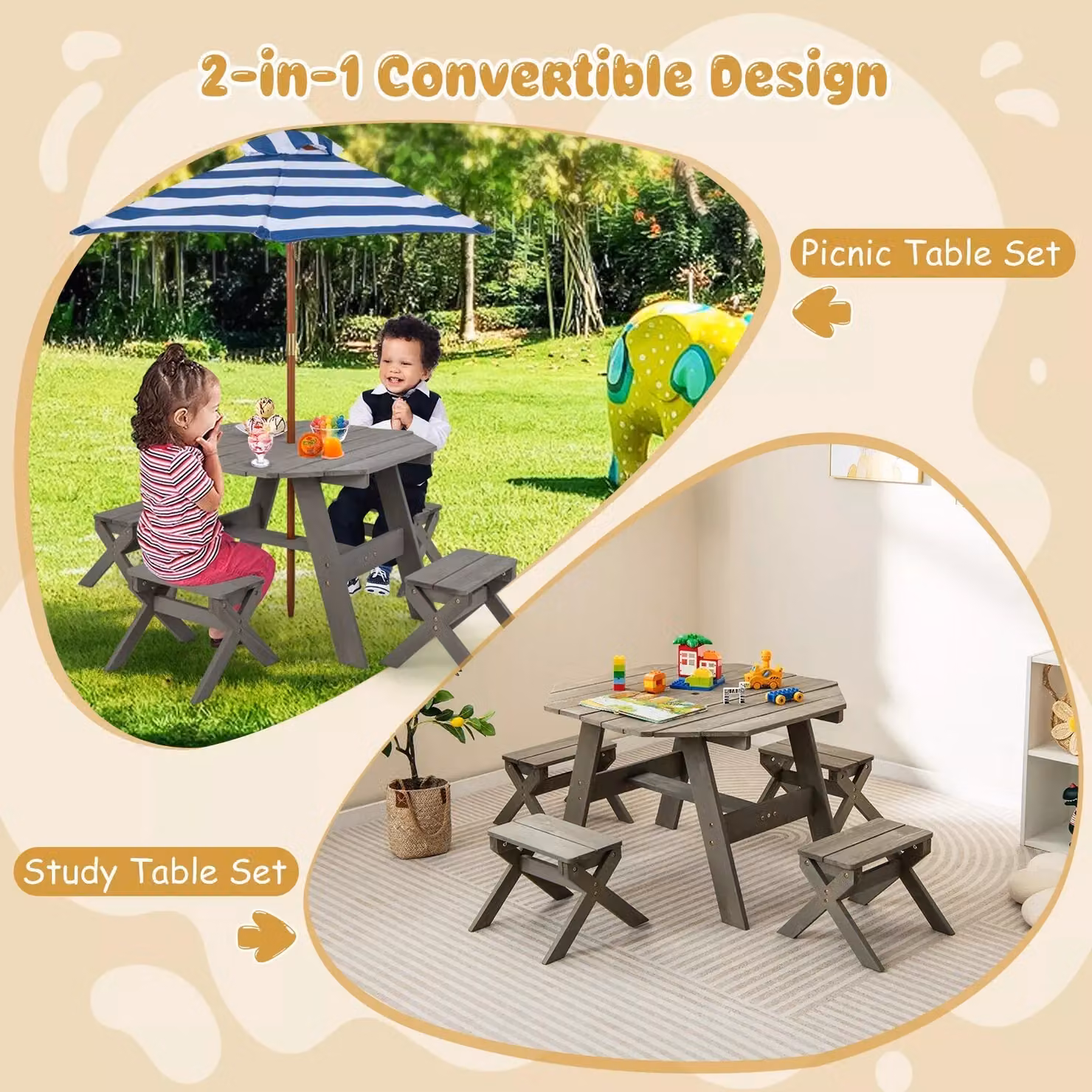 Costway Wooden Octagon Kids Picnic Table Set with 4 Chairs and Umbrella in Grey – 5