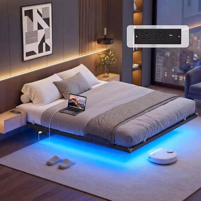 The Bazaarist King Floating Platform Bed with LED Under-Bed Lighting and USB Charging Station, Ink Black Matte Fabric and Metal, 180 x 200 cm