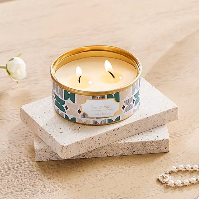 Komore Plum Blossom Soy Candle in Multicolour Jar with Gold Accents