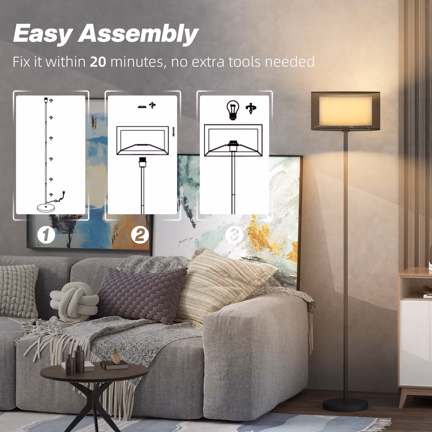 HOMCOM Modern Black Floor Lamp with Double Layer Fabric Shade and Foot Switch for Living Room, Bedroom or Office, H 152.5 x W 33.0 cm – 6