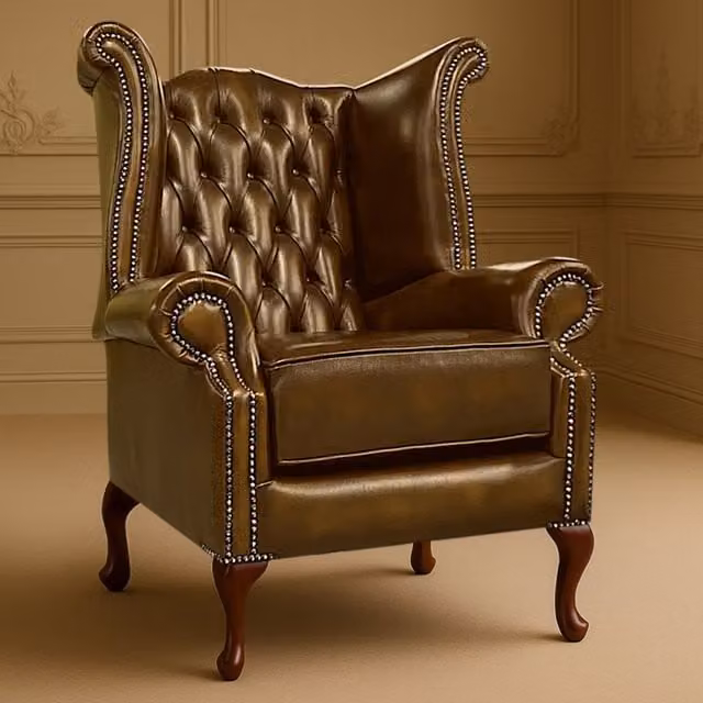 Somnior Beds Ltd Scrolled Wingback Chesterfield Leather Arm Chair in Brown
