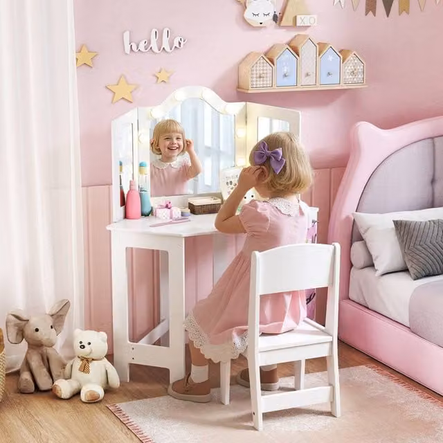 AIYAPLAY Kids Vanity Table and Stool with Lights and Tri-Folding Mirror, White – 1