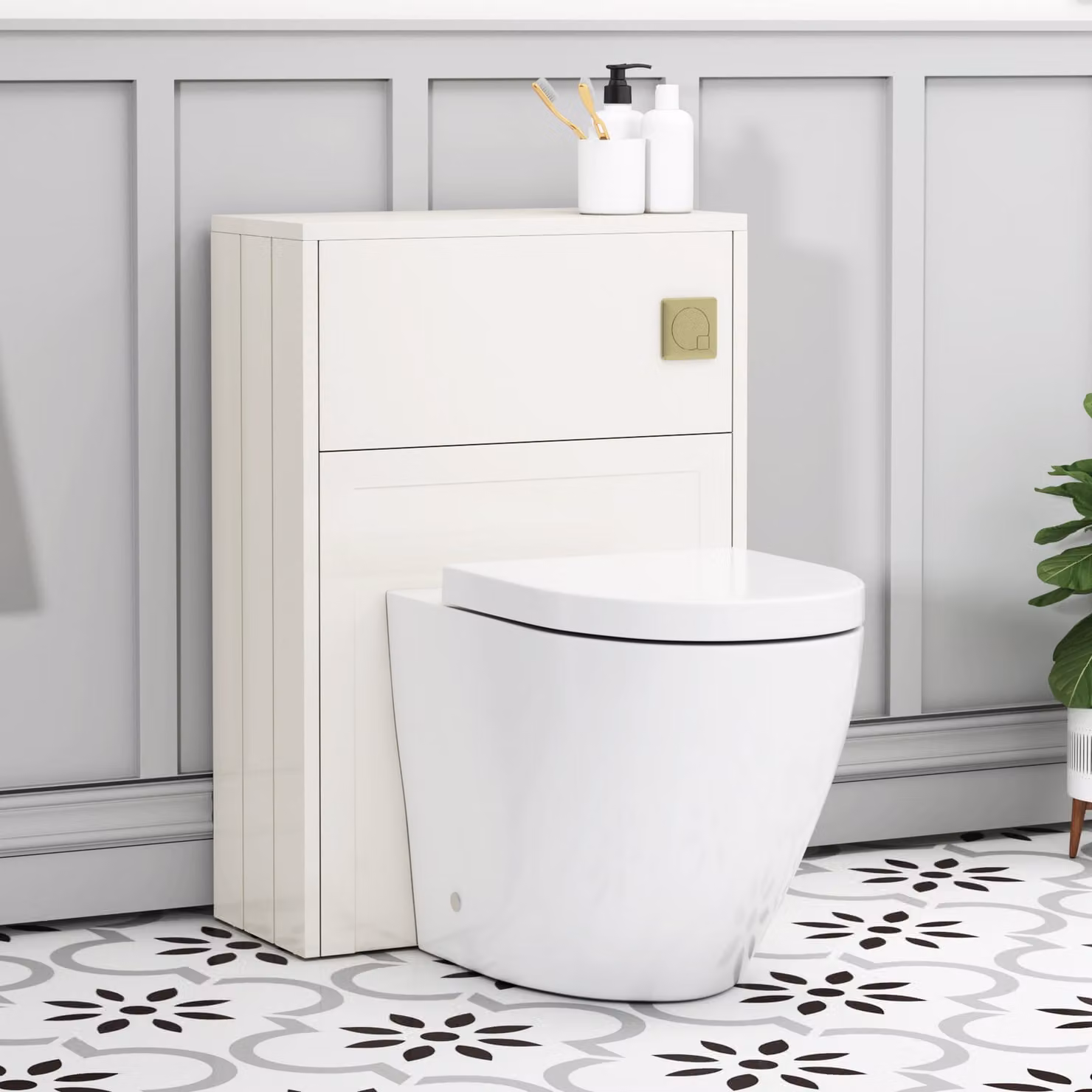 Royal Bathrooms Elmore White Ceramic BTW WC Unit with Elva Rimless Toilet Pan, Seat and Cistern, Width: 55 cm