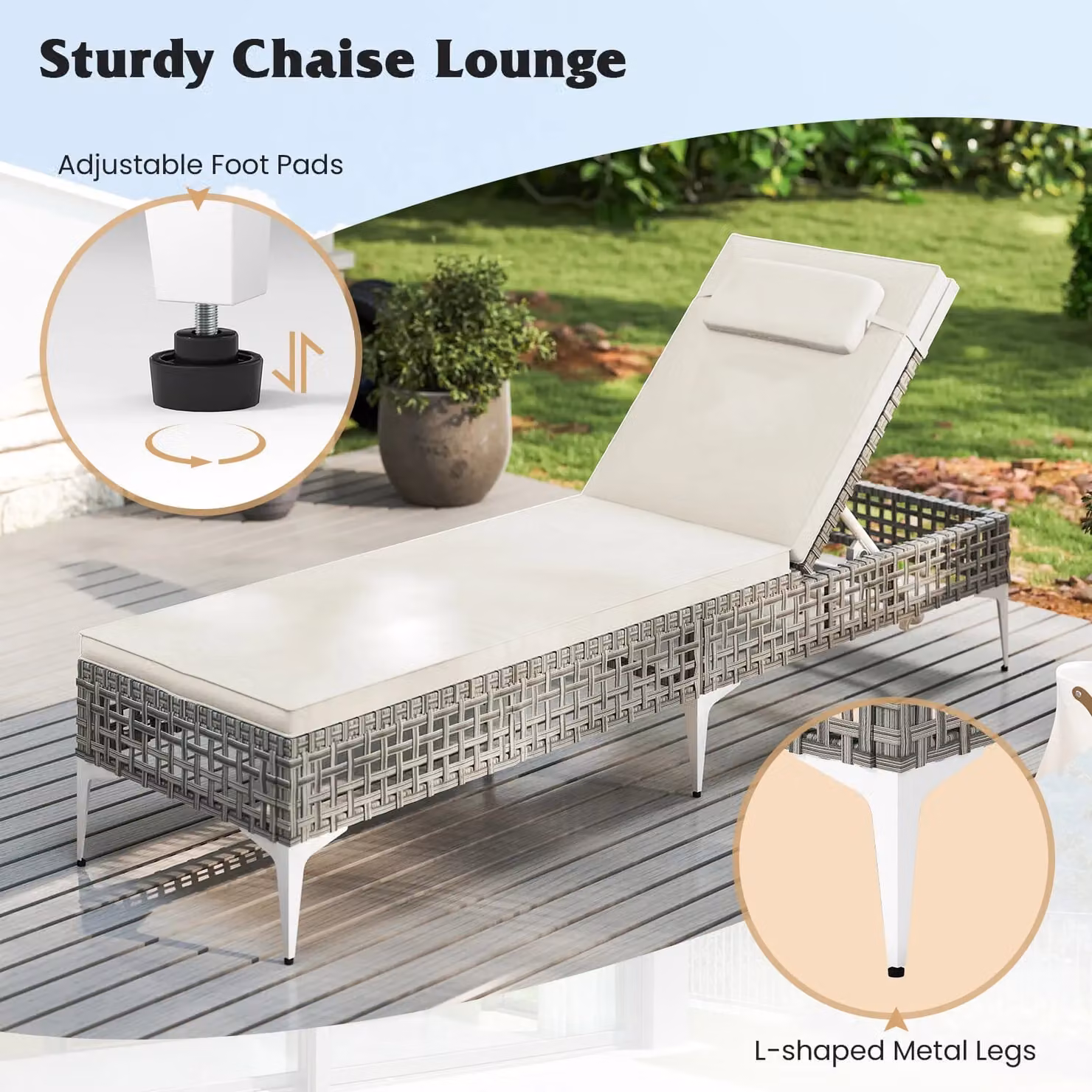 Costway White Polyrattan Sun Lounger with 6-Level Adjustable Headrest and UV-Resistant Fabric – 6