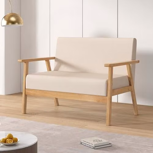 mcc direct 2 Seater Linen Fabric Upholstered Sofa in Beige with Solid Wood Frame