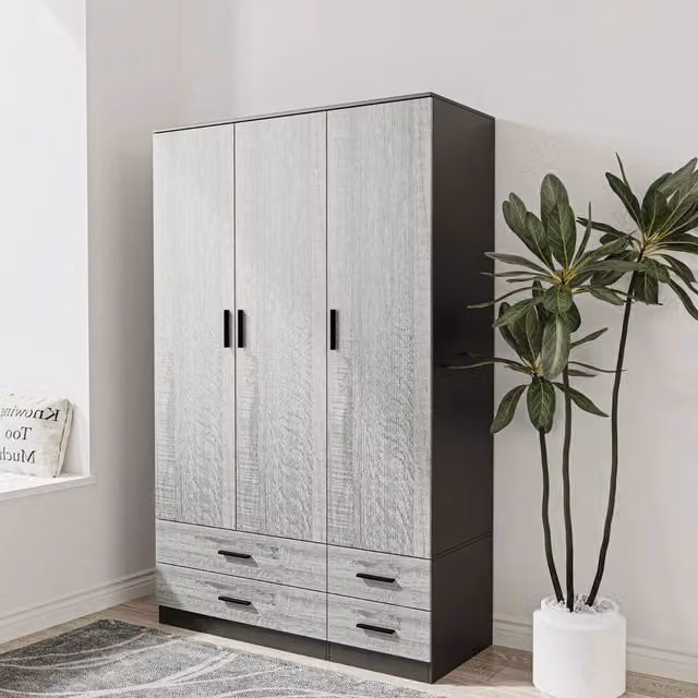 FORGEVIO Modern 3 Door 4 Drawer Wardrobe in Black and Grey Ash Wood