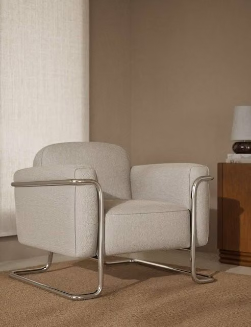 M&S Erik Retro Tub Accent Chair in Soft White with Metal Frame and Armrests