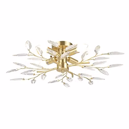 Happy Homewares Modern Brushed Gold Branch Ceiling Light Fitting with Transparent Acrylic Leaves, W/D/H: 60 x 60 x 15 cm, 4 x E14 Bulbs