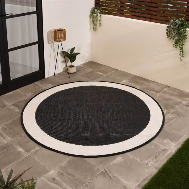 OHS Contrast Border Round Outdoor Garden Rug, Black and Multicolour, Diameter: 170 cm – 6